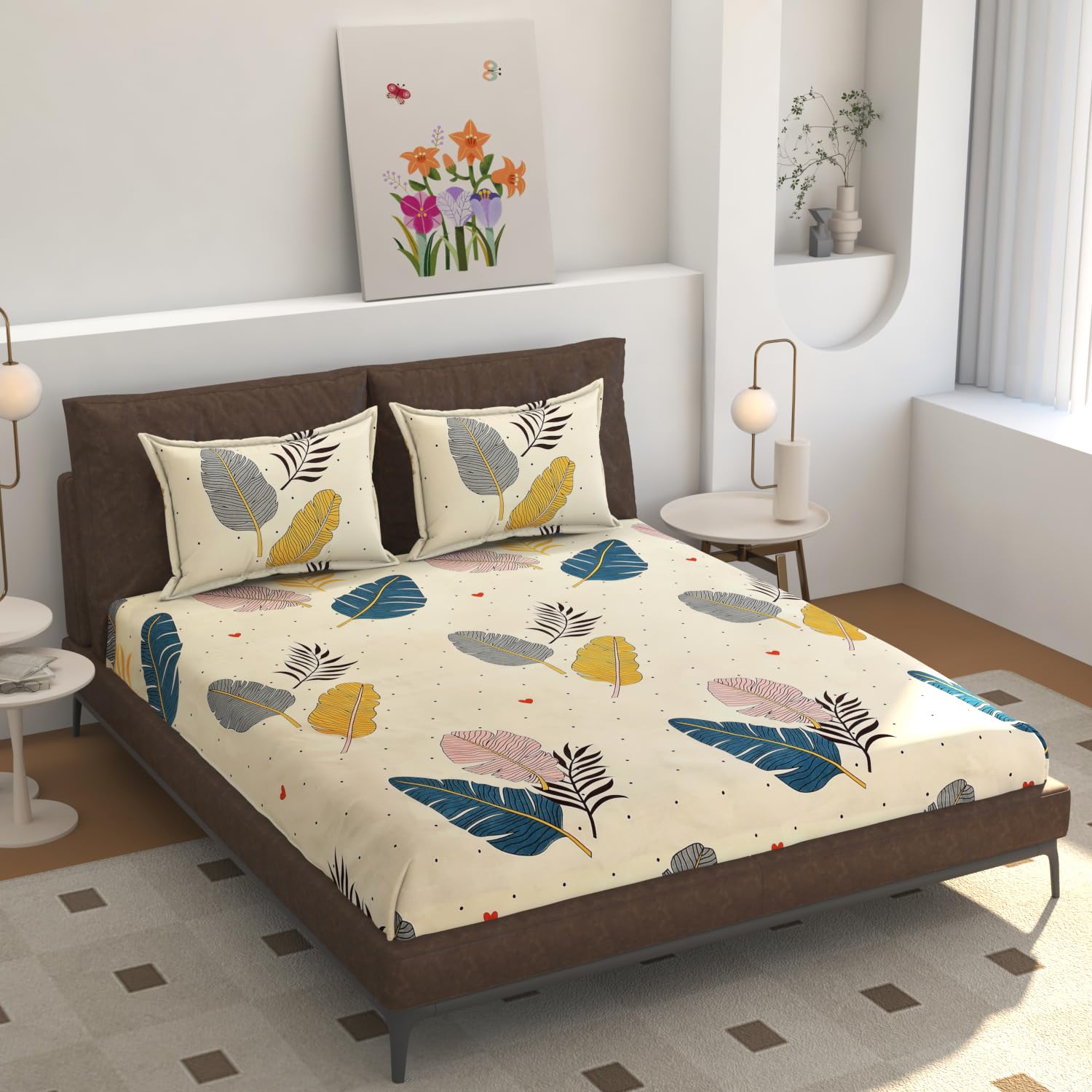 Geeta Homes New Town Cotton Feel Glace Cotton Elastic Fitted Printed Queen Size Double Bed Bedsheet with Matchig 2 Pillow Covers Fits Upto 8 Inches Mattress Size Safari 05