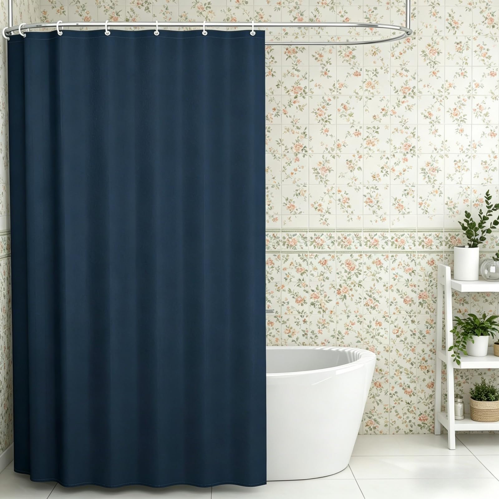 Cortina Ducha 180 x 200 cm Lavable, Impermeable Cortinas de Baño Poliester Lavable con Ojales y Ganchos para Baño, Ducha, Bañera, Azul Oscuro