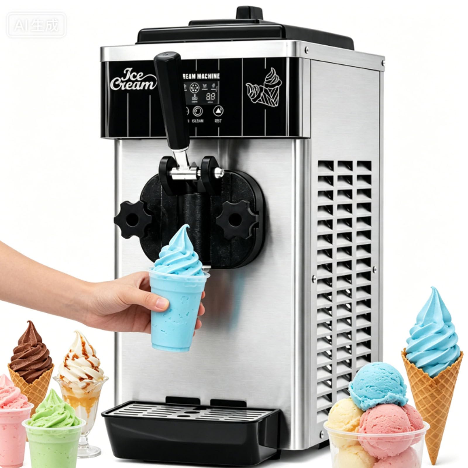 ErShangMao Soft Serve Ice Cream Machine, Electric Soft Ice Cream Maker Machine, Countertop Single Flavor Maker, Quick Cooling, Stainless Body, 4-6l Output, For Cones & Waffles, 2.5l Hopper, 450w