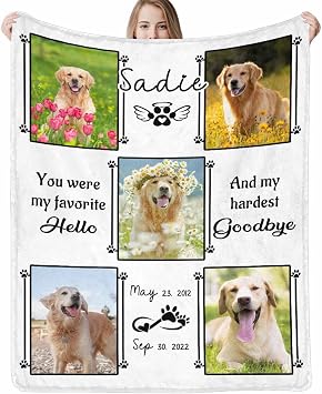 Custom Throw Blanket with Dog Cat Pet Pictures & Name, Dog Memorial Blanket Personalized Memory Gift for Family and Friends Customized Bed Throw Blanket Sympathy Remembrance Made in USA