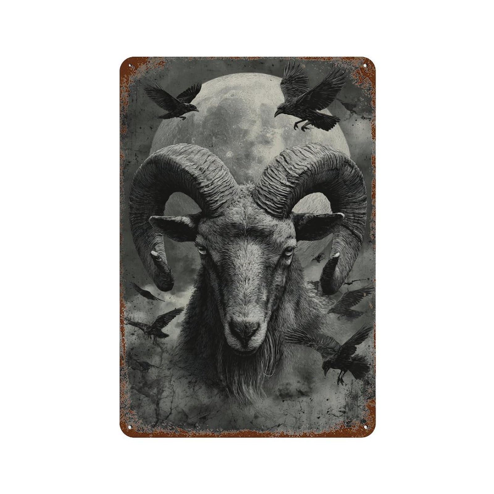 Decorative Tin Sign Goat with Raven Moon 11.8"x7.9", Decorative Metal Wall Art for Garage, Bar And Workshop Decor