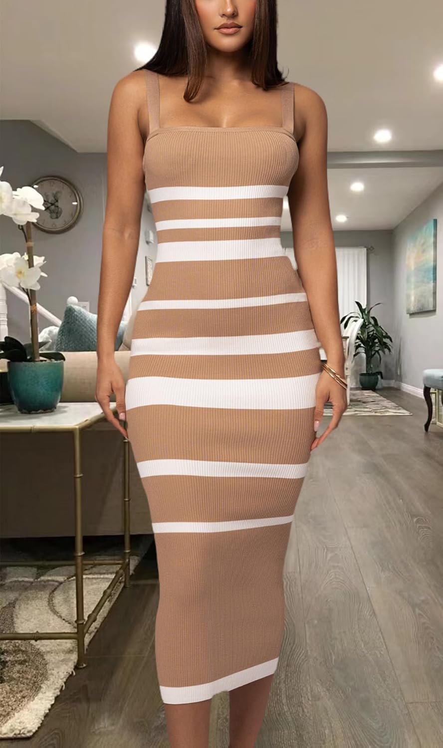 CutieLove Women's Casual Sleeveless Striped Bodycon Midi Dress Square Neck Ribbed Knit Dresses - Image 7