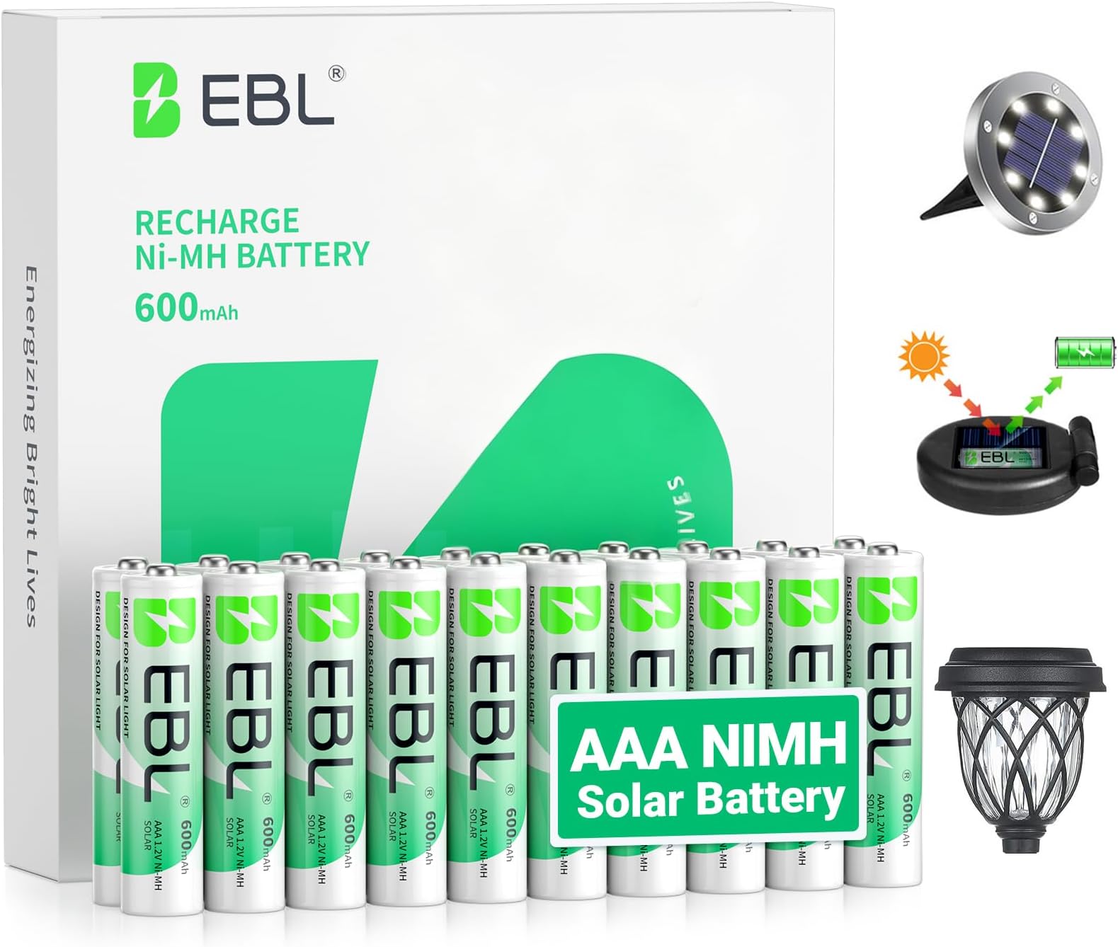 EBL AAA Solar Batteries for Garden Lights๏ผ600mAh 1.2V Ni-MH 20-Pack