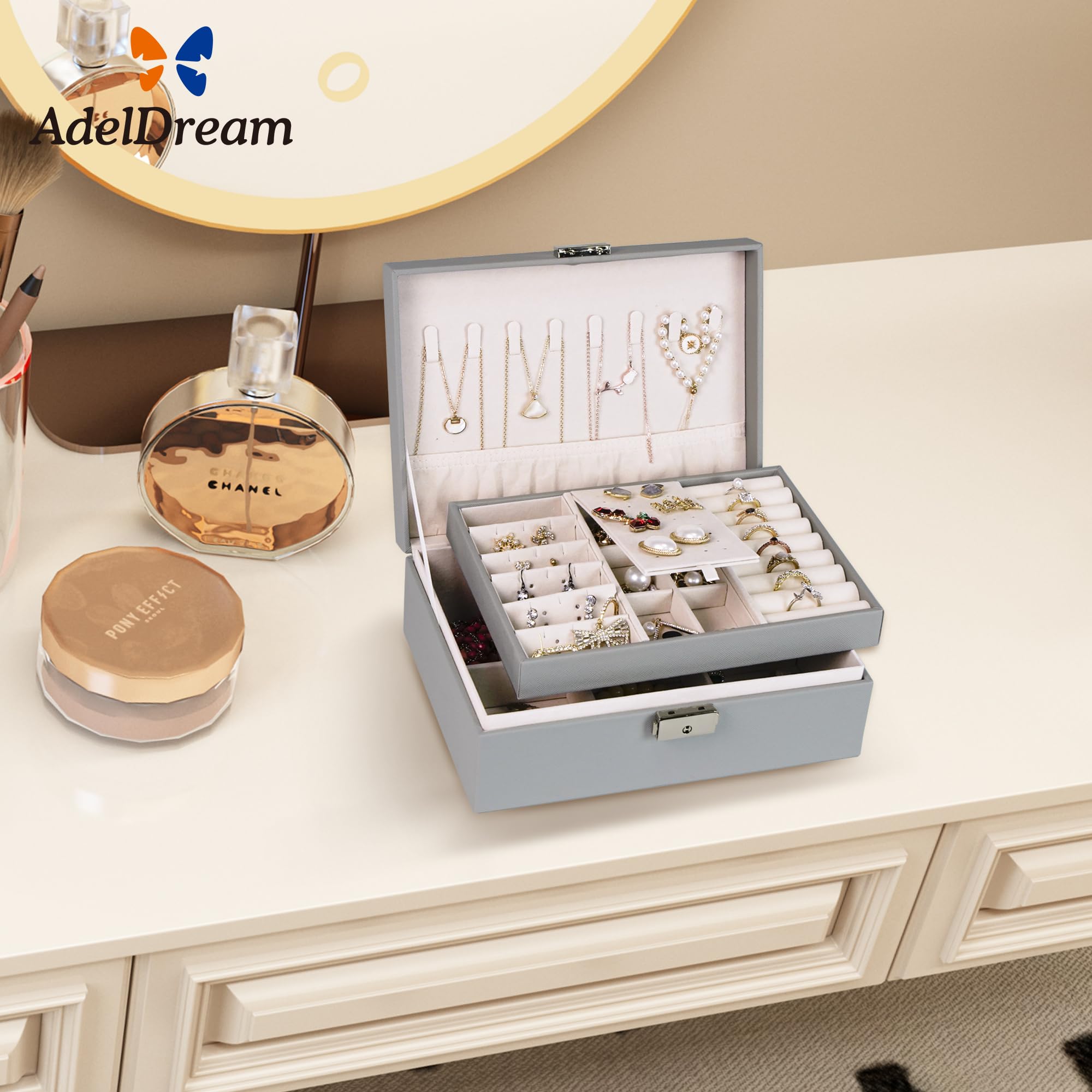 ADEL DREAM Portagioie da Donna Portagioie Rettangolare da Viaggio Piccolo Portagioie per Anelli Orecchini Collana grigio1