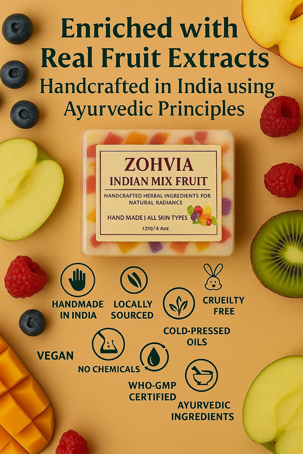 Refreshing Soap, Fruit Soap Bar, 4.4oz Handmade Herbal Cleanser with Papaya Orange Mango Extracts, Moisturizing Glycerine Hydrating for Dry Skin, Natural Vegan Face and Body Bar for Glow