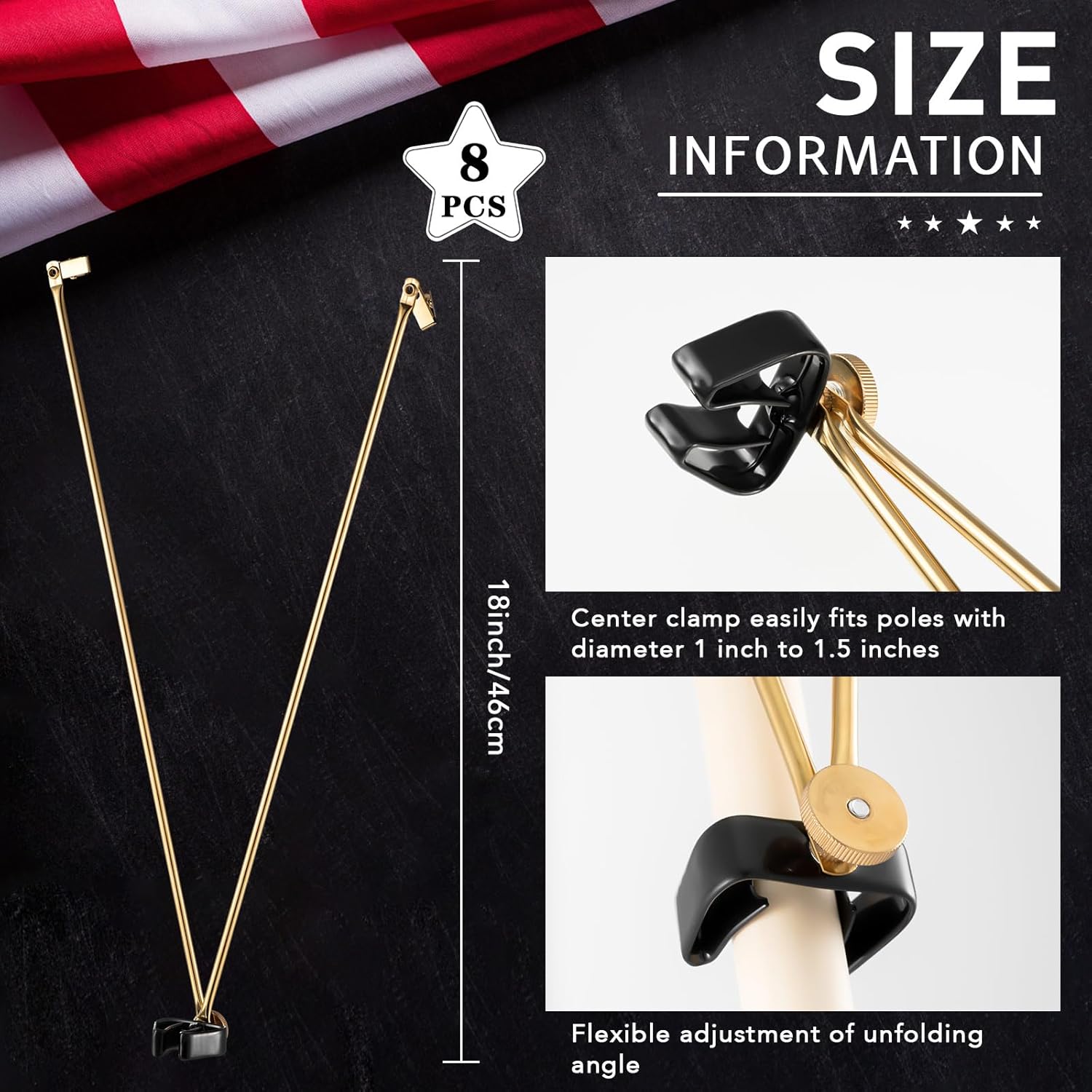 Gisafai 8 Pcs Flag Spreader for Indoor Flag Pole Displays Gold Flags Stand Displays Veterans Day Juneteenth Independence Day Banner Holder, 19.69 Inches Length