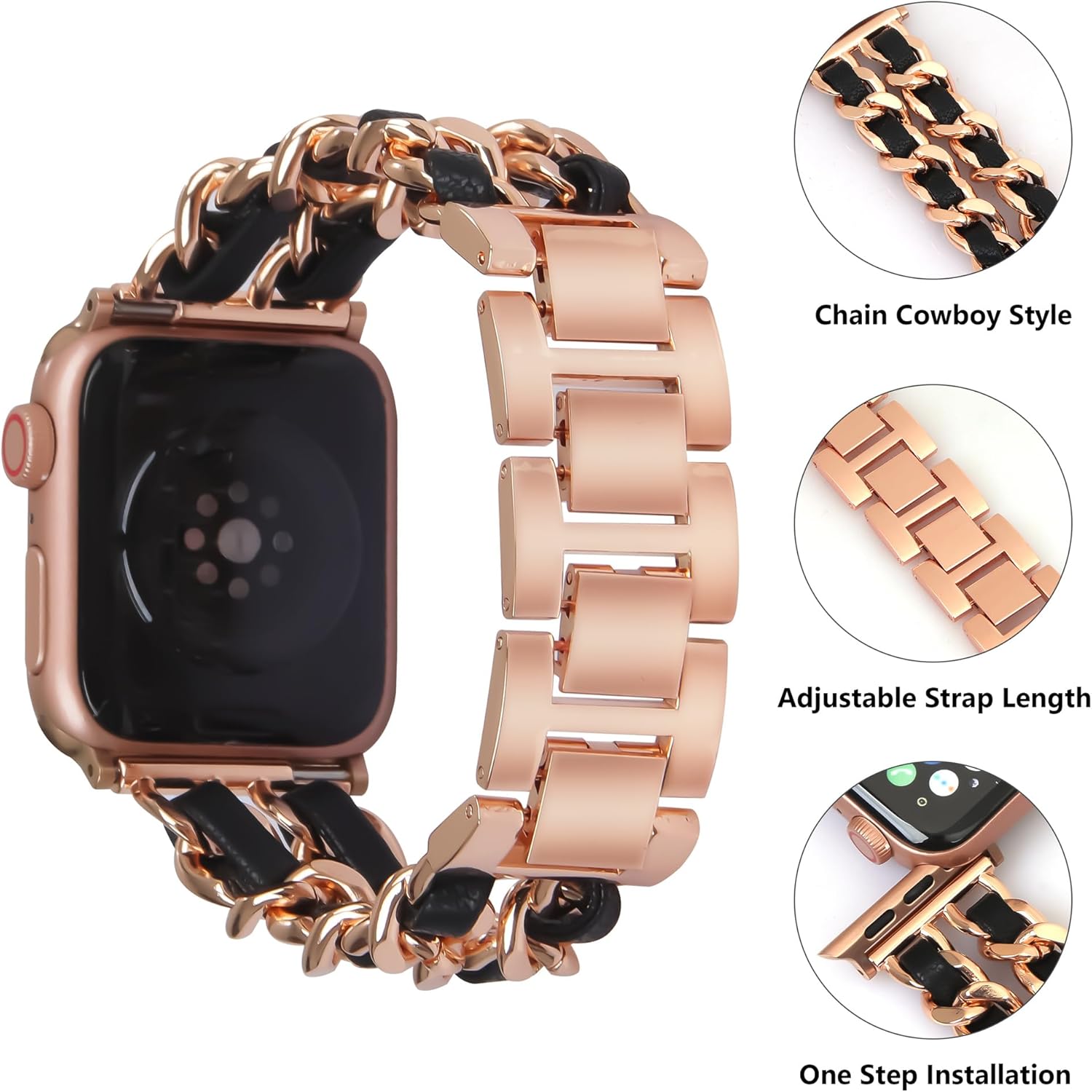 Compatible With Apple Watch Band for Woman 42mm 44mm 45mm 49mm,Metal Strap Leather Over Gold Chain Cowboy Style Replacement iWatch Series 9 8 7 6 5 4 3 2 1 SE(Rose Gold Link with Black Leather) - Image 2