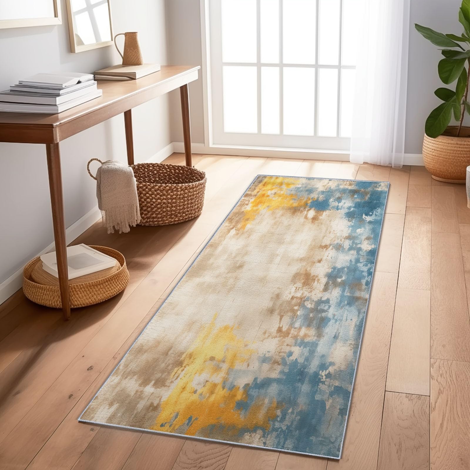 Tapis de couloir 80x240 cm bleu moderne lavable et antidérapant