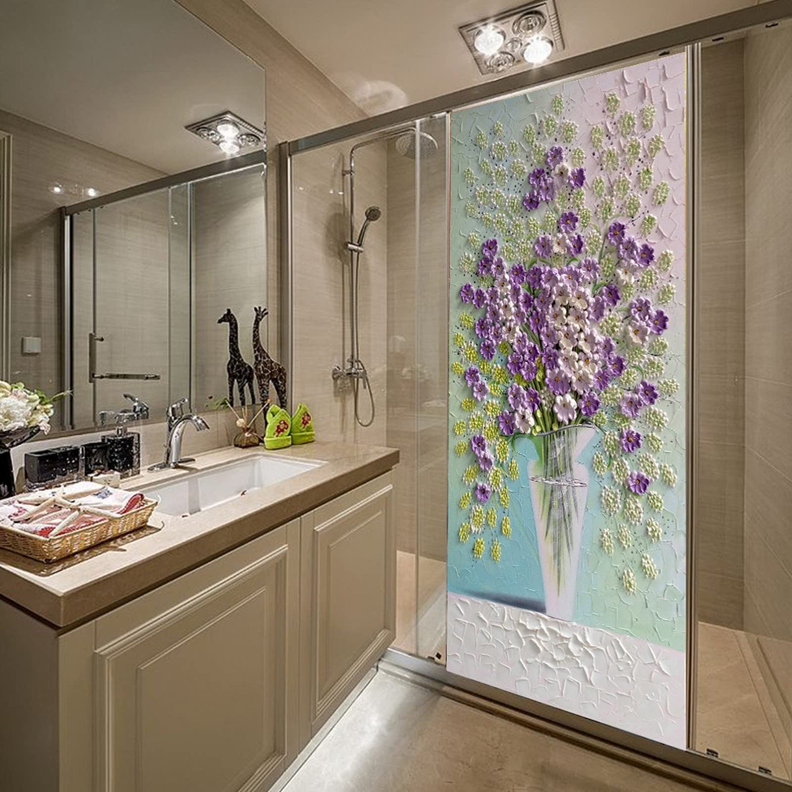 A.Monamour Adesivo Porta Autoadesiva Fiori Viola In Un Vaso Pittura Murale 3D Effetto Arte Astratta Vinile PVC Adesivi per Porte Interne 3D Pellicola Adesiva Poster Sticker Murale Parete