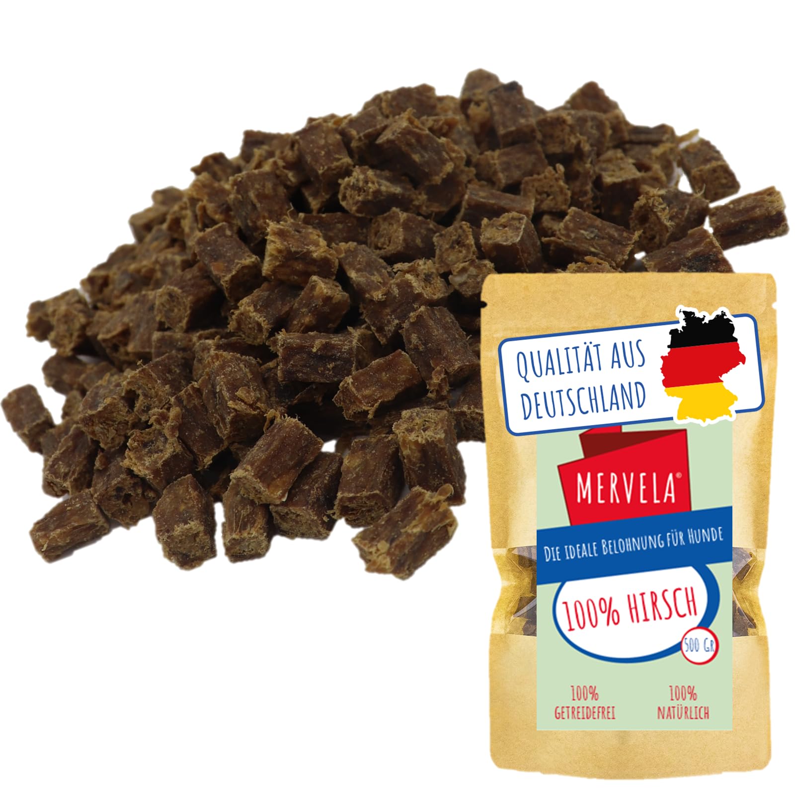 MERVELA® Premium Hirsch Kauwürfel für Hunde, 500g - Ideal als Trainingsleckerli | 100% Natürliches Hirschfleisch | Hypoallergen für Sensible Hunde | Made in Germany