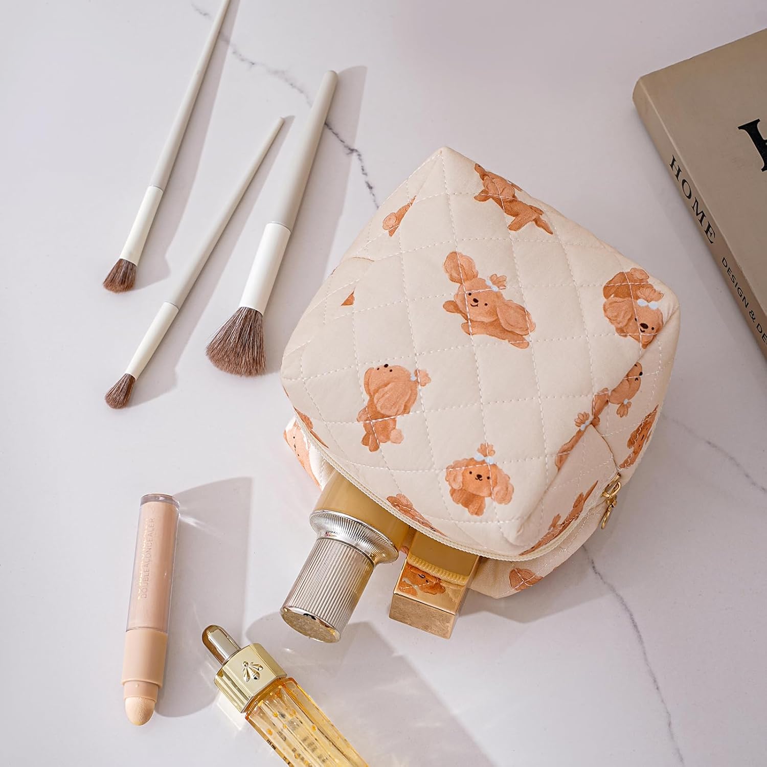Cube Cosmetic Makeup Bag Small Cotton Quilted Makeup Pouch for Purse Cute Floral Travel Toiletry Zipper Pouch (Dog) - Image 3