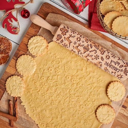 KARBAG Christmas Wooden Rolling Pin, Xmas DIY Embossed Rolling Pin Engraved Embossing Rolling Pins with Christmas Elk Deer Pattern Santa Claus