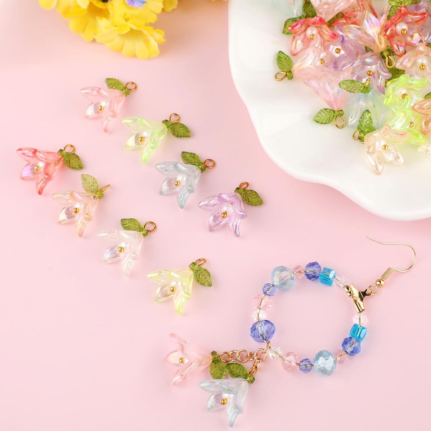 48Pcs Acrylic Lily Flower Pendants,8 Colors Floral Dangle Charms for Jewelry Making,DIY Craft Supplies for Necklaces,Earrings,Keychains, Decoration - Image 6