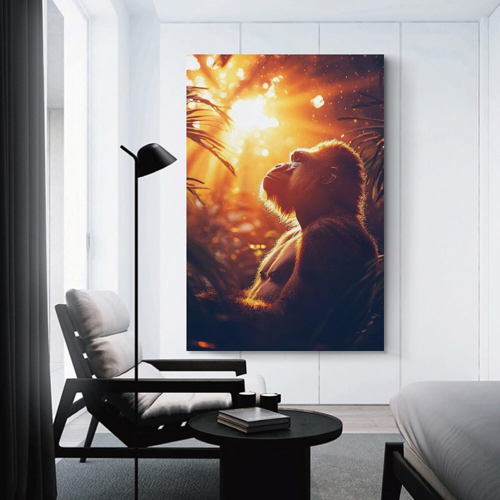 Junmoney Gorilla Gazing at Sunlight in Jungle Canvas Wall Art, 08x12inch(20x30cm), for Workspace Walls, Study Corners Or Bedrooms, An Interior Accent for Desk Areas