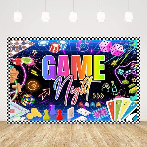 Ticuenicoa 5x3ft Game Night Backdrop Glow Neon Photo Background for Game On Birthday Party Decoration Chess Card Gaming Maze Video Game Boys Kids Adults Supplies Banner Photo Booth Props, AH0G357-LLE