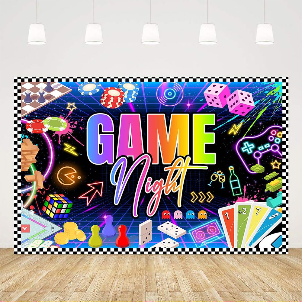 Ticuenicoa 5x3ft Game Night Backdrop Glow Neon Photo Background for Game On Birthday Party Decoration Chess Card Gaming Maze Video Game Boys Kids