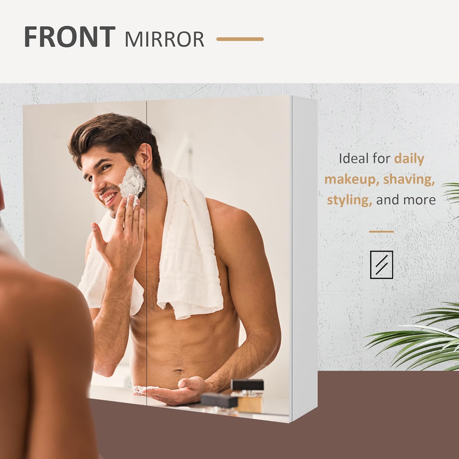 A man shaving in front of the mirrored doors of the kleankin medicine cabinet