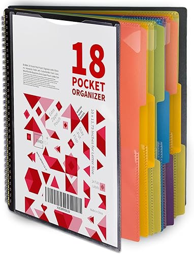 Binditek Paquete de 1 organizador de proyectos de polietileno de 18 bolsillos con 9 divisores, carpeta resistente con portada personalizable, lomo