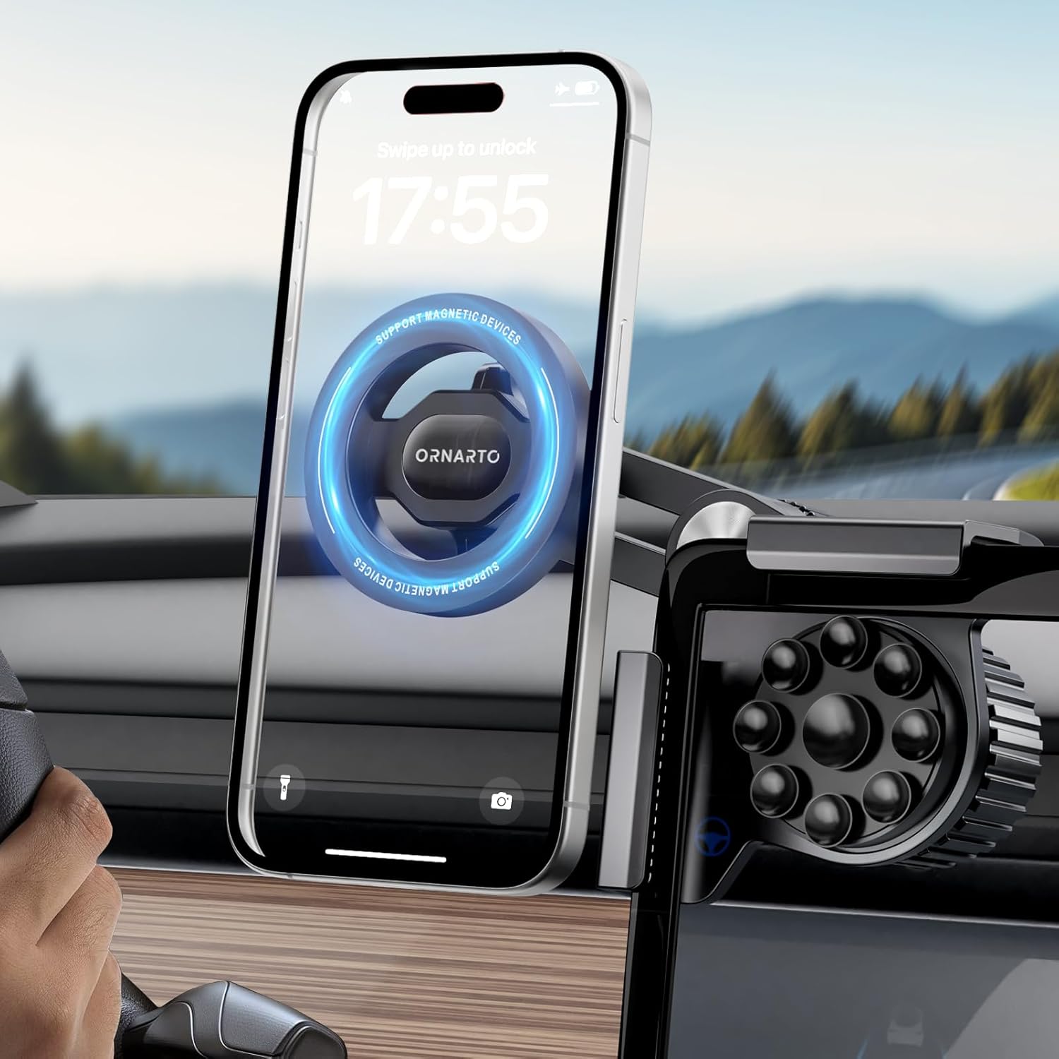 ORNARTO for Tesla Model 3/Y/Cybertruck Phone Mount Magnetic, [Overload Protection+Anti-Slip Suction, No Screen Discoloration or Residue] 360° Rotatable Car Accessories for Tesla Phone Holder-Black