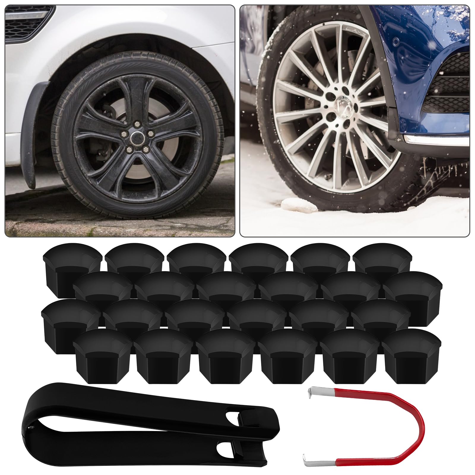24 Pezzi Copribulloni Auto 17mm Universali Tappi Copridado Ruota Nero con Attrezzo Rimozione