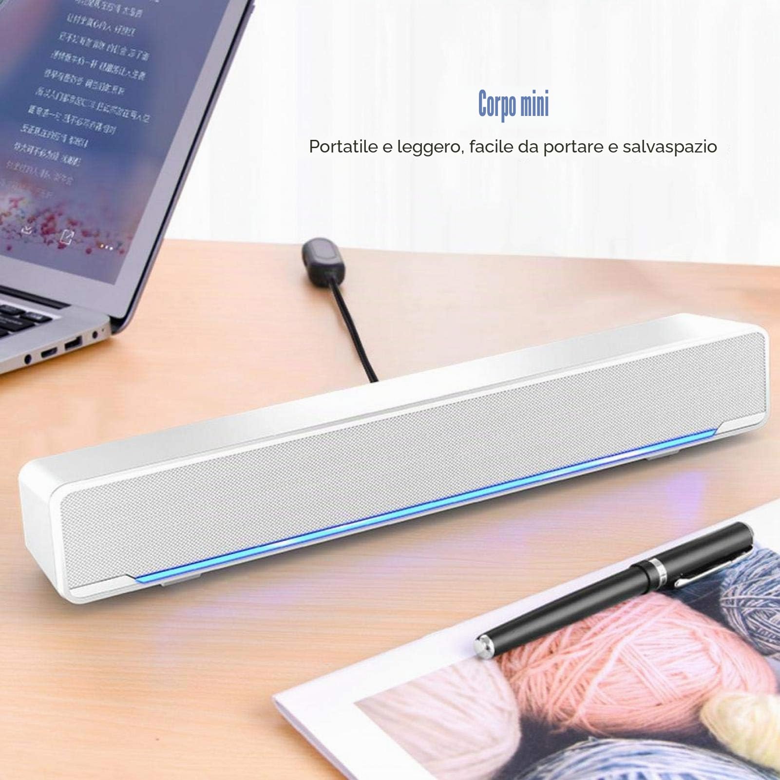 Altoparlante soundbar per PC, 3,5 mm, cavo USB, HiFi Stereo Sound Bar, Boombox con basso, altoparlante home cinema per PC Smartphone (bianco)