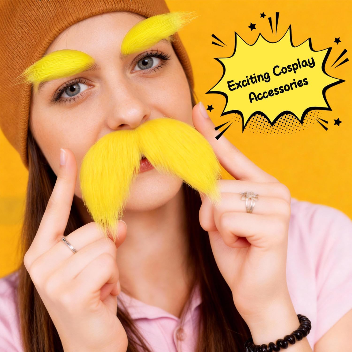 Yellow Mustache and Eyebrows, Fake Beard for Women and Adults, Cosplay Halloween Costume Accessories, Funny Party Favor