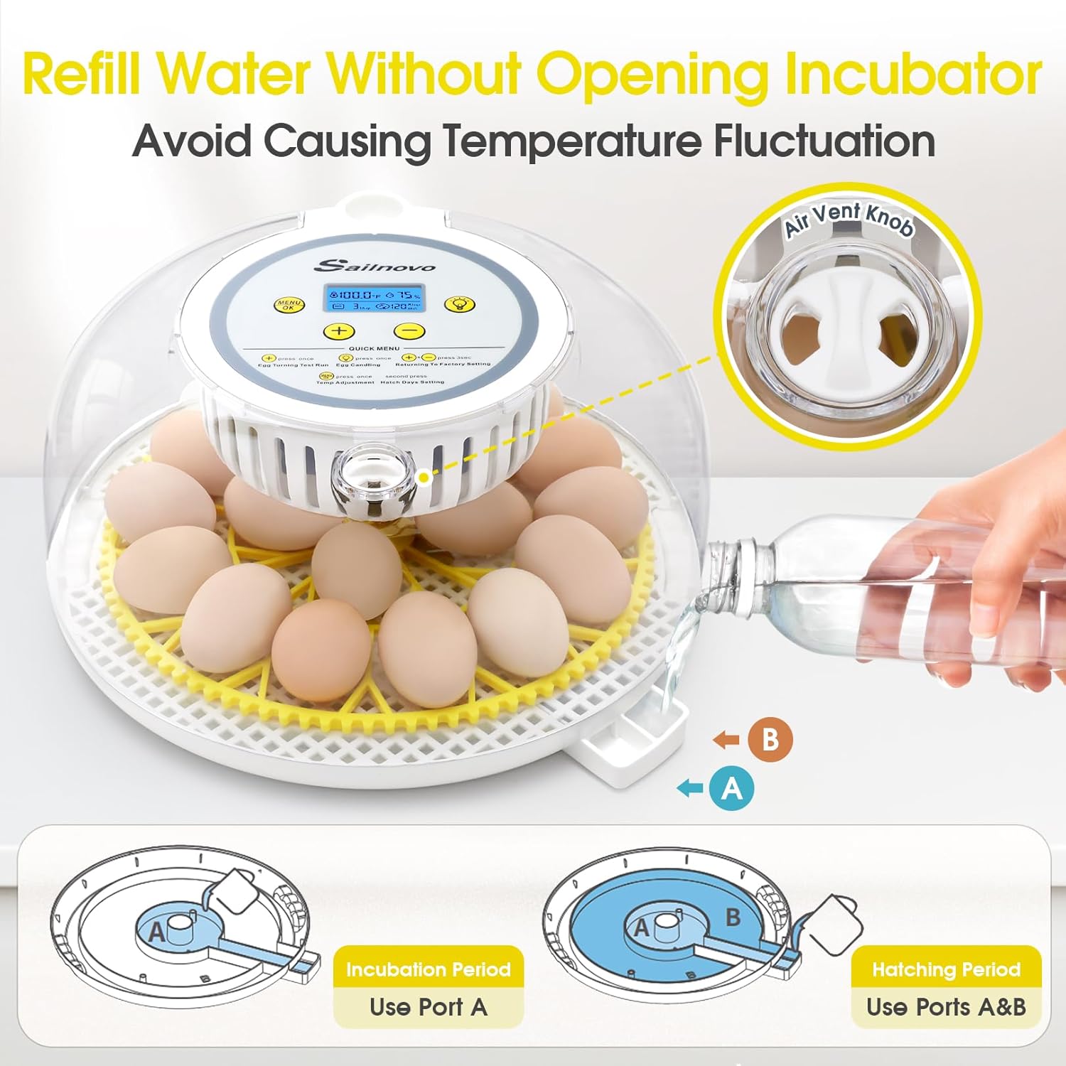 Sailnovo 18 Eggs Incubator for Hatching Eggs with Automatic Egg Turning, Humidity Level Display, Egg Candler, Hatch Days & Incubator for Chicken Eggs,Ideal for Farm,School and Lab (Yellow)