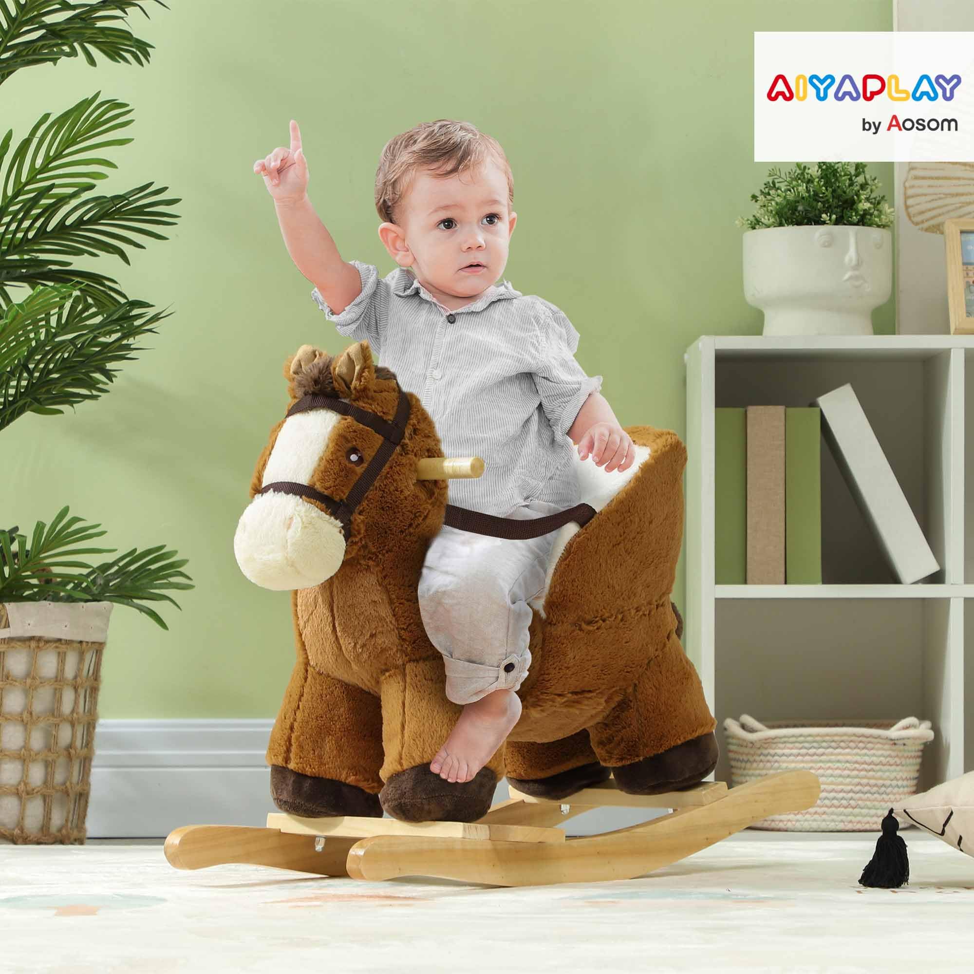 AIYAPLAY Cavallo a Dondolo per Bambini 18-36 Mesi, Cavallino in Peluche con Suoni, Base in Legno e Cintura di Sicurezza, Marrone