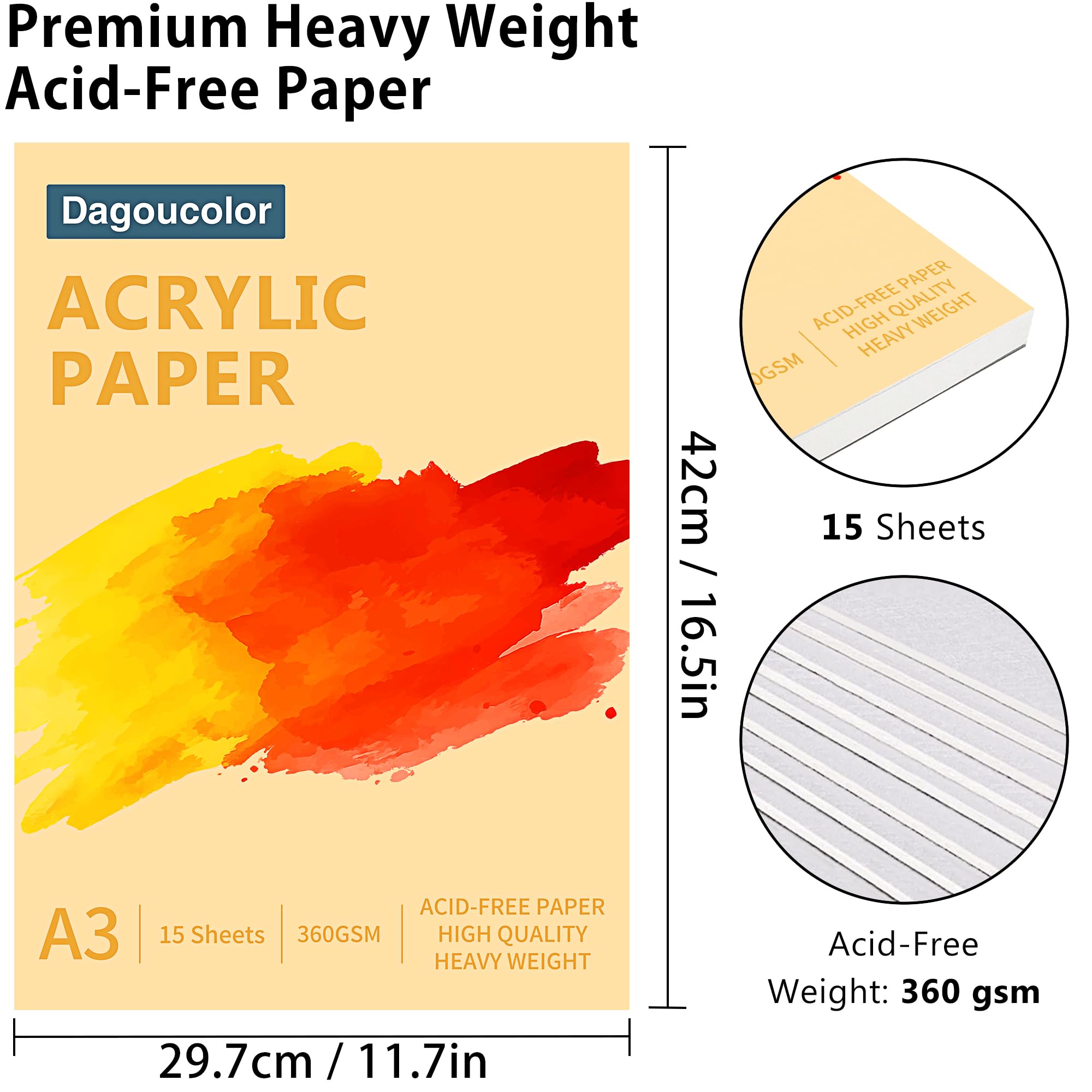 DagouColor Papier Akrylowy Malowania, 2 Pack, A3 Blok do Rysowania do Farby Akrylowej, 360 g/m² i Bez Kwasów, 15 Arkuszy Białego Papieru, Książka do Pracy Artystycznej Dla Artystów, Dorosłych