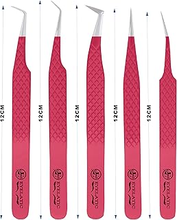 Eyelatic Eyelash Tweezers Set of 5 PCS for Volume Lash Extensions, J2 Japanese Stainless Steel Tweezers Maroon