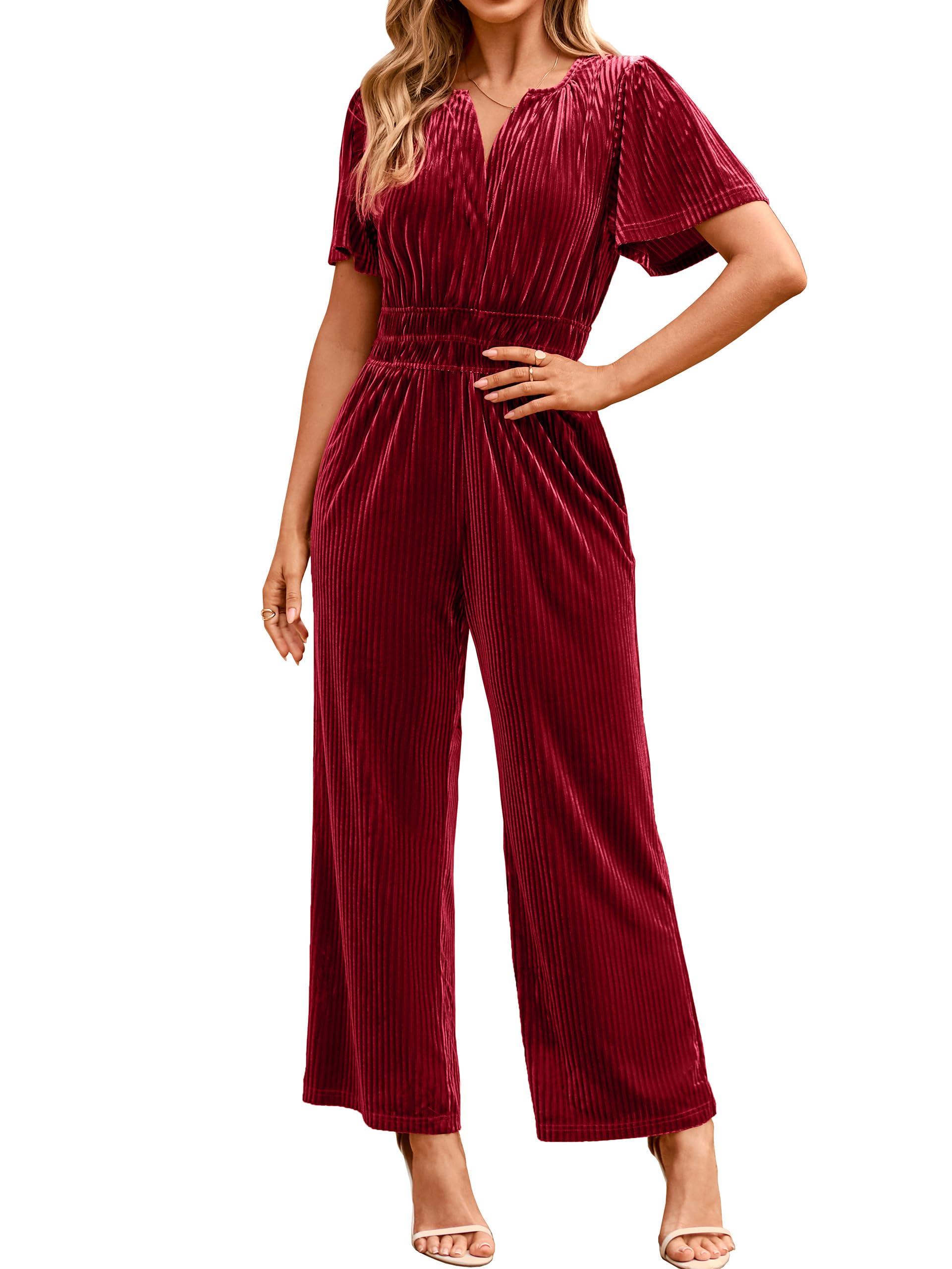 Simplee Womens Short Sleeve Wide Leg Velvet Jumpsuit Dressy V Neck Elastic Waist Formal Jumpsuits 2024 Winter Holiday Outfits-image-32