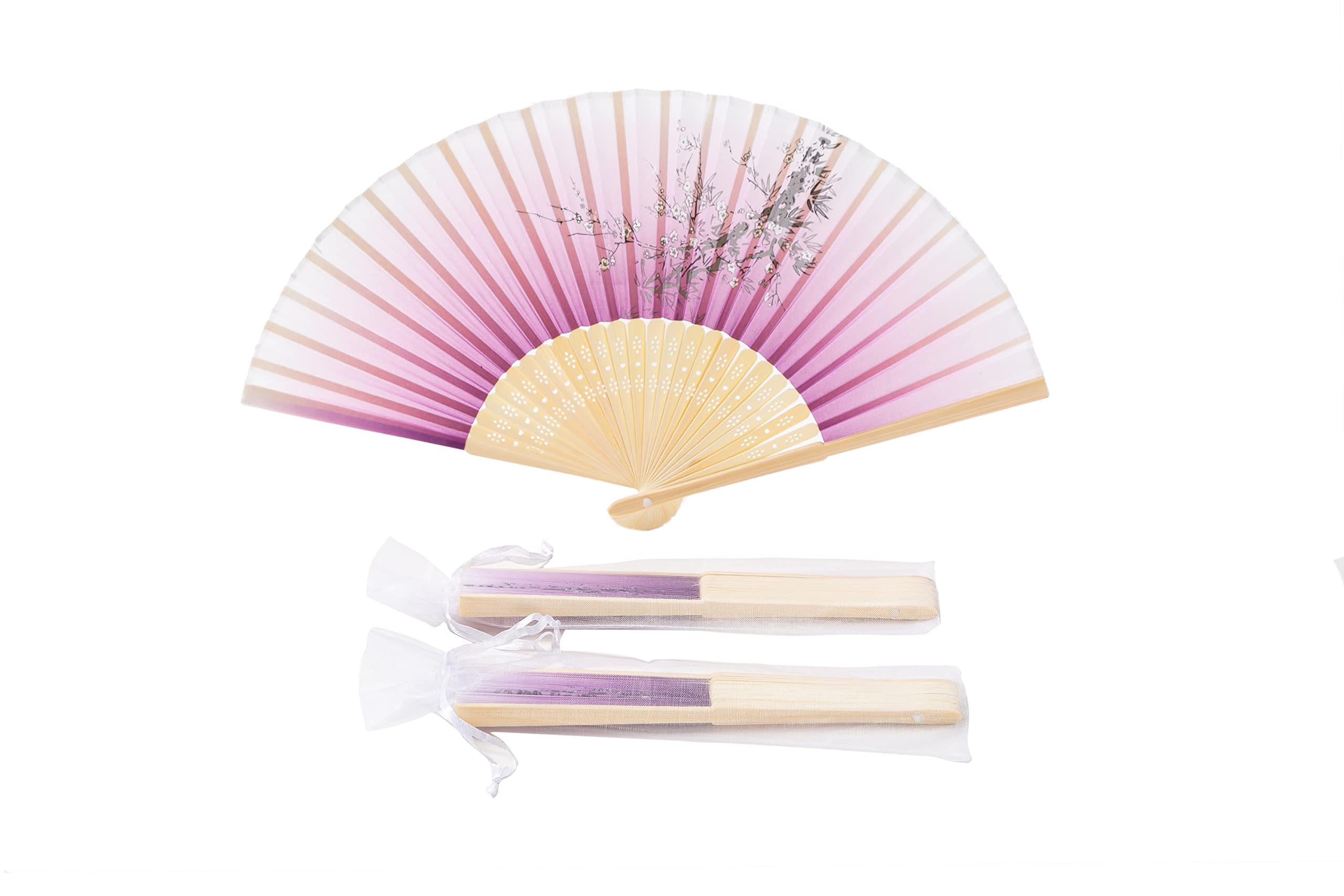 50pcs Pink Gradual Peach Blossom Pattern Imitated Silk Fabric Bamboo Folded Chinese Hand Fan Bridal Dancing Props Church Wedding Party Favors with Organza Bags