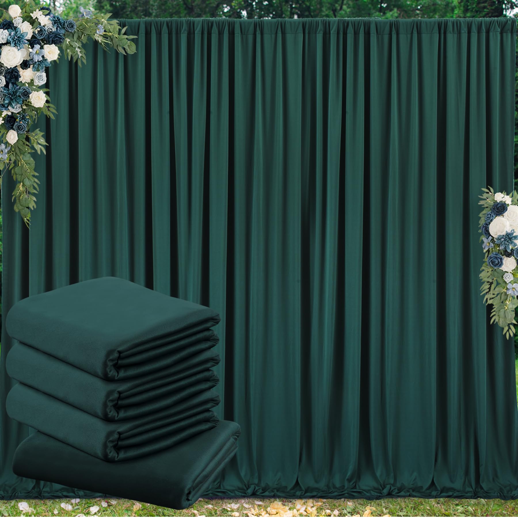 20 ft x 10 ft Wrinkle Free Hunter Green Backdrop Curtain for Parties, Polyester Dark Green Photo Backdrop Drapes 4 Panels 5x10ft for Baby Shower Wedding Birthday Party Photography Curtains