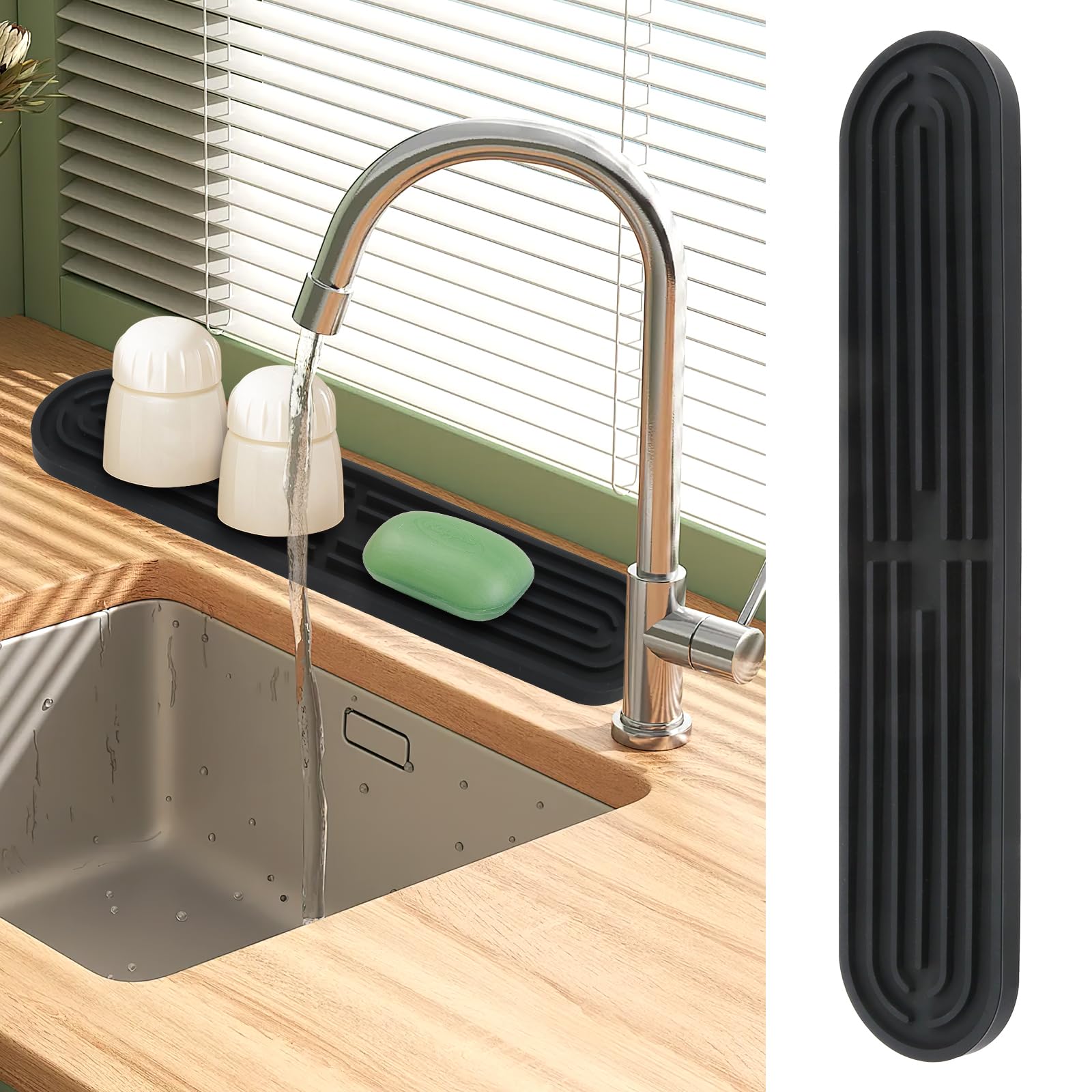 JIANGZHIB Narrow Bar Mat, Black Dish Drying Mat, Extended Dish Drying Mat, Silicone Tableware, 43 x 7.8 cm