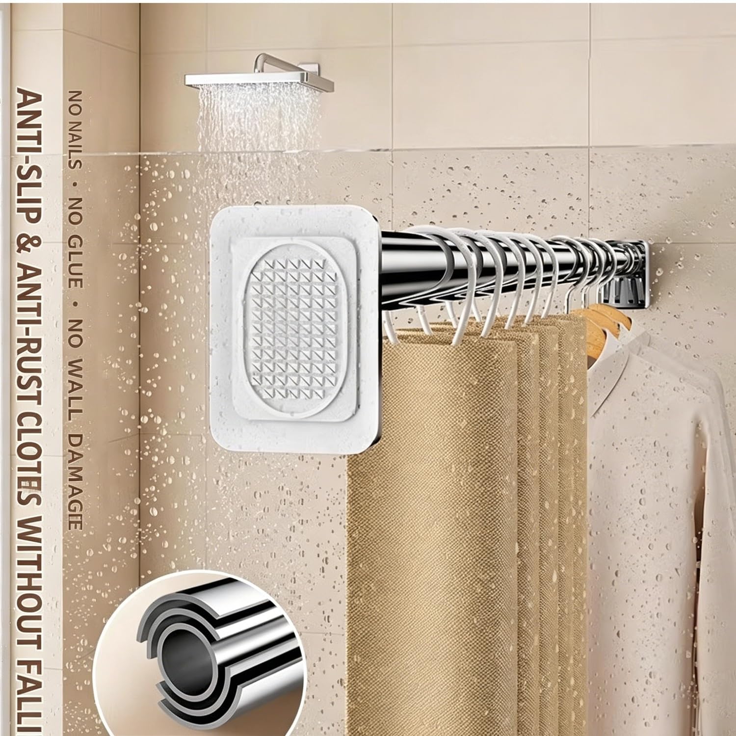 Barra Cortina Extensible Sin Taladrar 2 3 4 5 Metros Barra De Cortina De Ducha, Antideslizante Barra Telescópica Para Sujetar,Ø 32mm Acero Inoxidable Para Baño Armario Balcón(Negro,310-400CM)