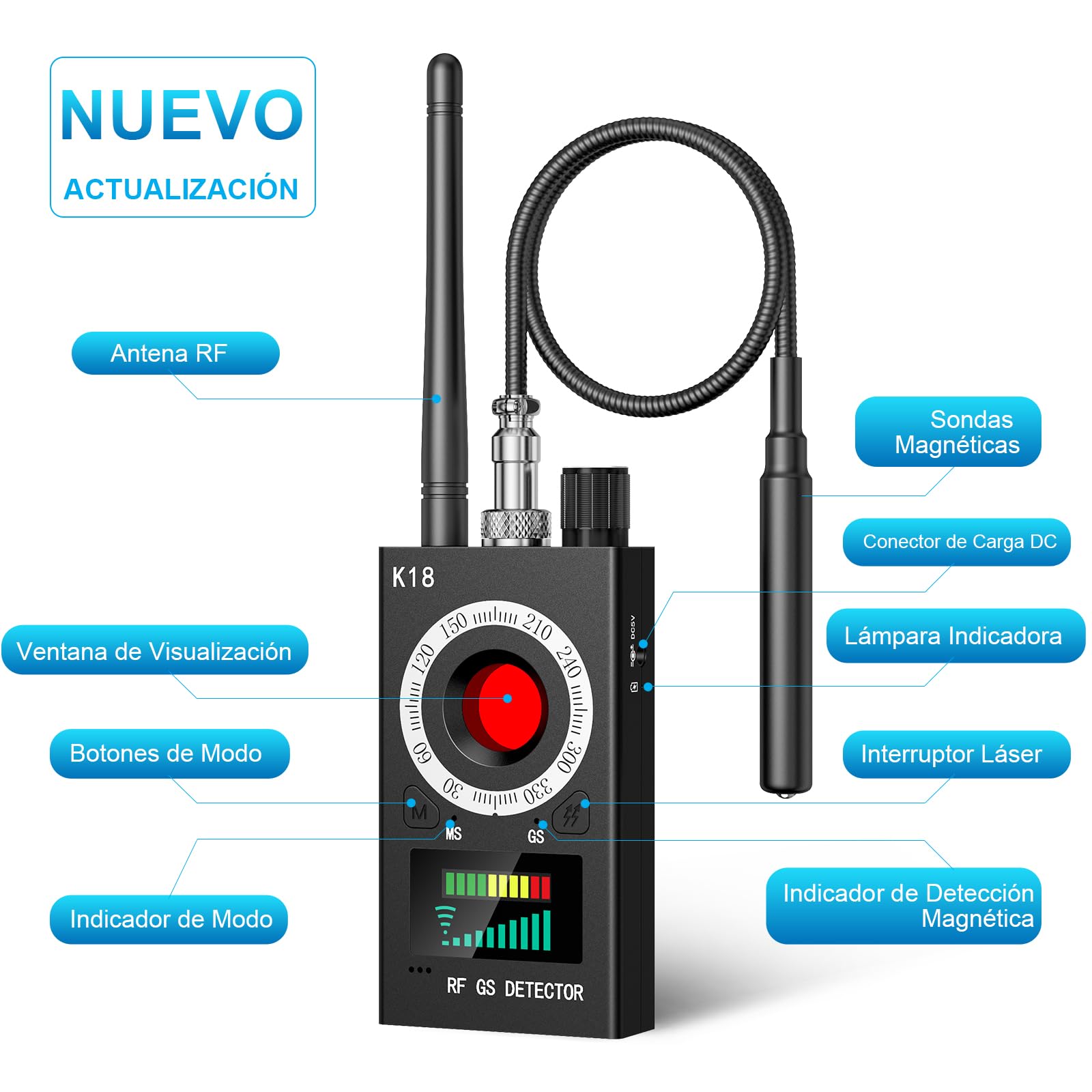 Detector de Micrófonos Ocultos, Detector de bichos GPS Spy Finder Cámara Oculta Láser para gsm Tracker Wiretap Radio Cámaras Bug Finder
