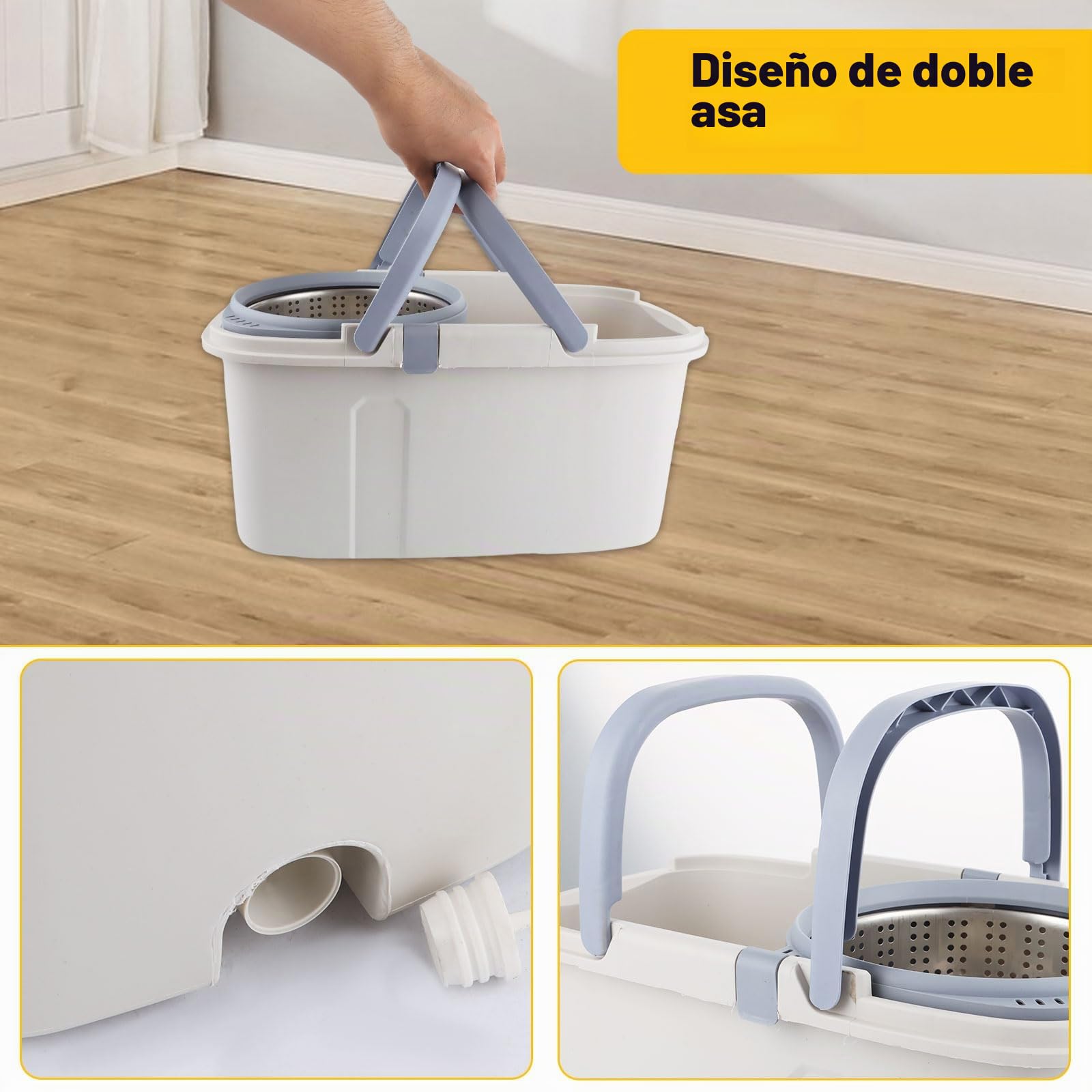 ASelected Juego de trapeador giratorio y cubo giratorio de 360° para limpiar suelos, mango de acero inoxidable, mopa extensible con almohadillas reutilizables de microfibra húmeda y seca para limpieza