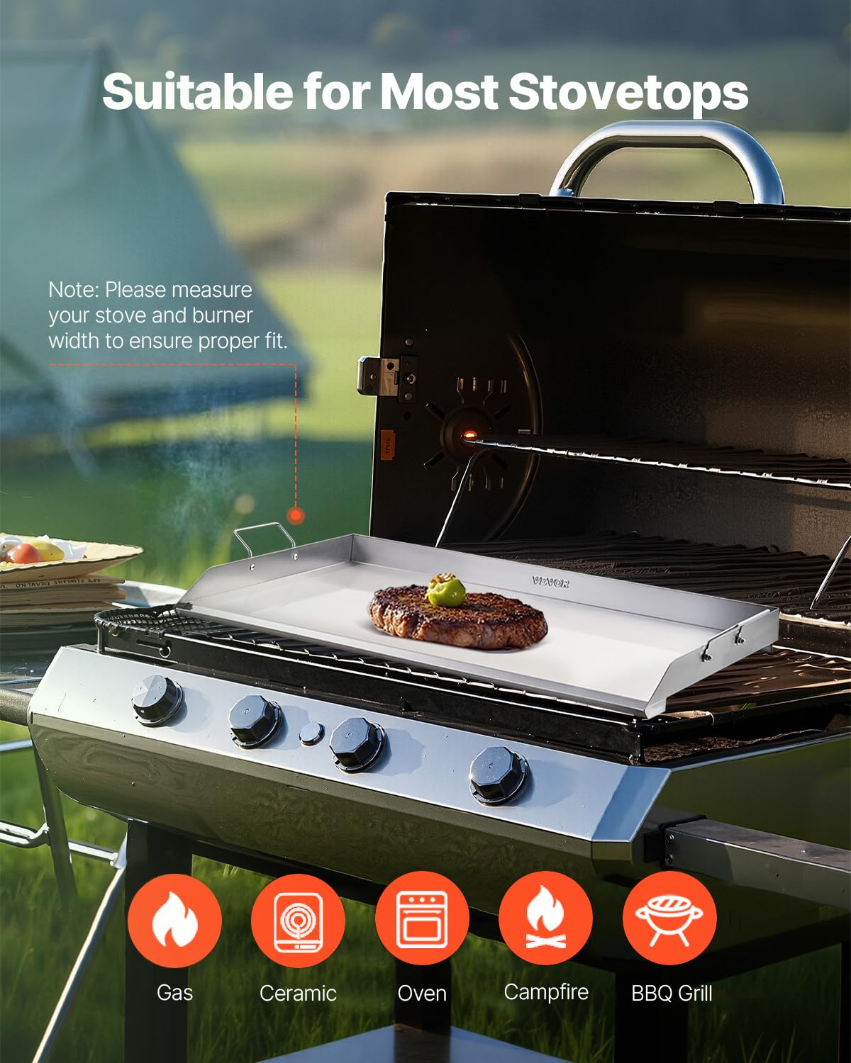 VEVOR Plaque de cuisson en acier inox, plaque de four rectangulaire universelle à dessus plat, 910 x 525 mm, batterie de cuisine familiale portable à gaz avec poignée, pour camping, fête de talonnage