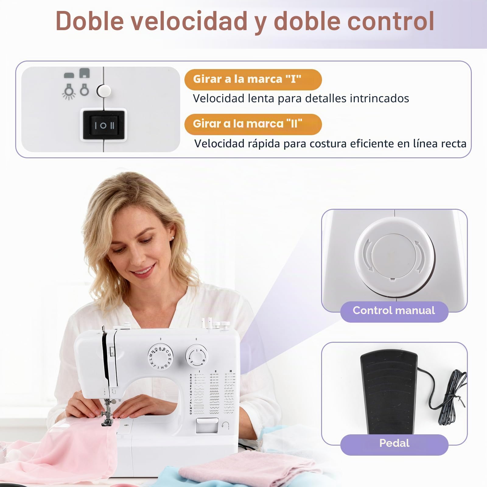 Maquina de Coser Pequeña, Máquina de Coser Eléctrica Portátil, 45 Puntadas | Doble Aguja y Doble Velocidad con Luz LED, Adecuada para Denim/Transparentes/Telas para el Hogar