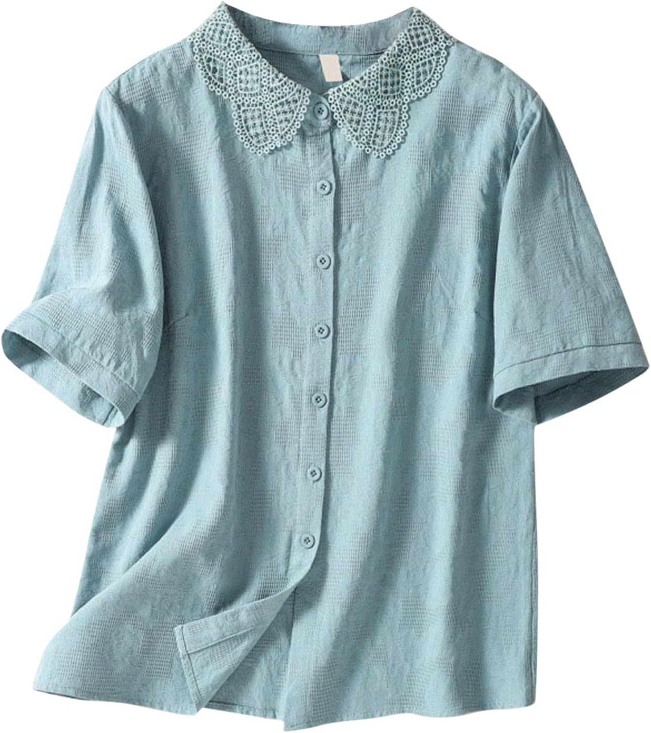 Women's Cotton Linen Button V Neck Short Sleeve Ethnic Shirts Summer Loose Crew Neck Casual Boho Retro Tops Blouse