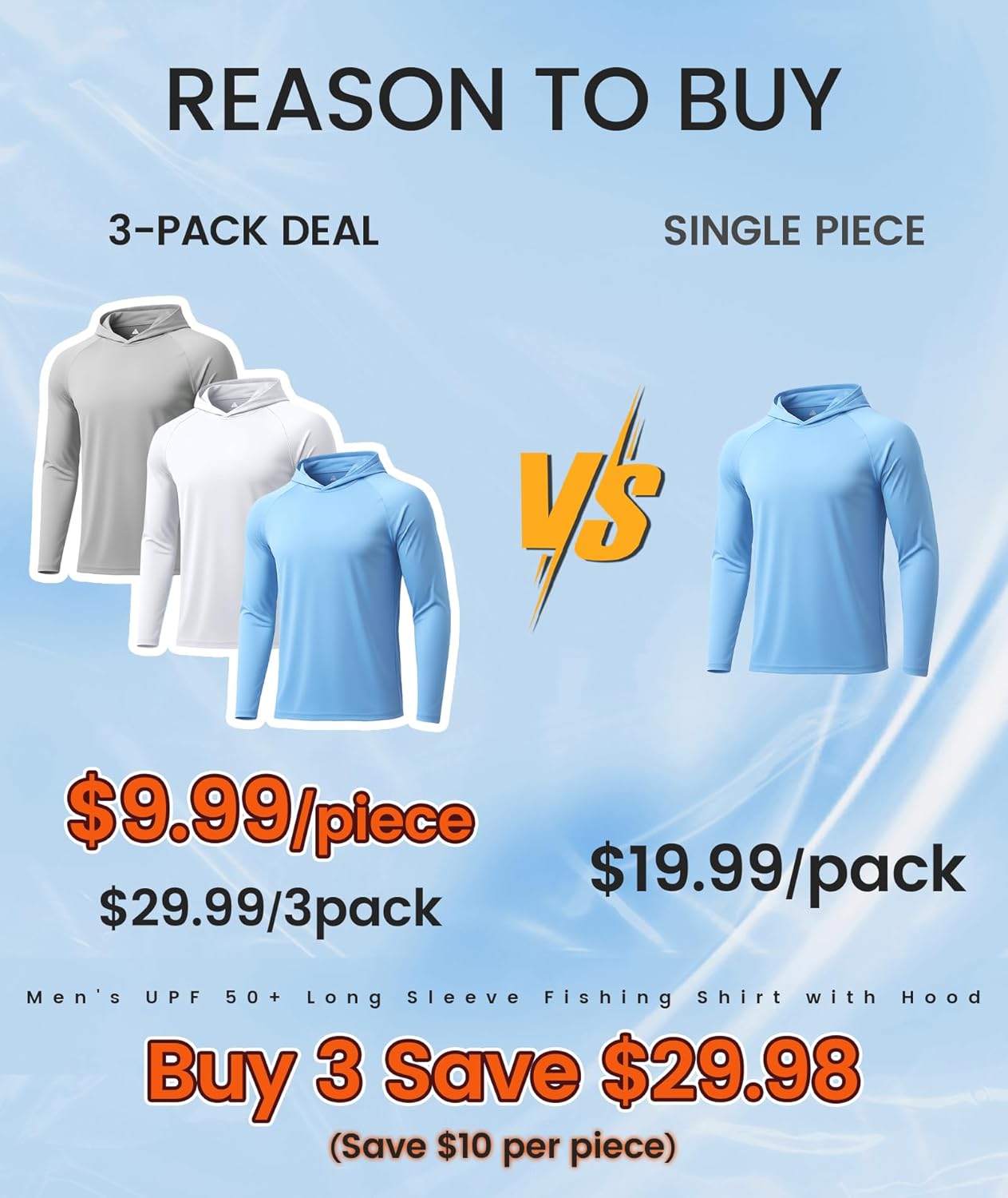 ZITY 3 Pack Men's Sun Protection Hoodie Shirt Fishing Shirts for Men UPF 50+ Long Sleeve Shirt Lightweight Rash Guard