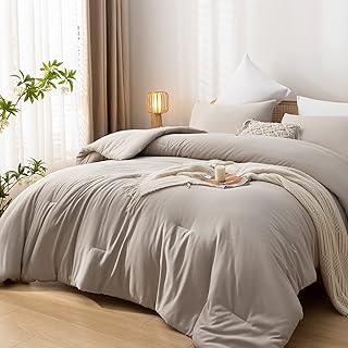 Queen Comforter Solid Color 3PCS Boho Bed Comforter Set Queen Size Tannish Grey Soft Lightweight Down Alternative Microfiber Comforter for All Season (1 Comforter, 2 Pillowcases)
