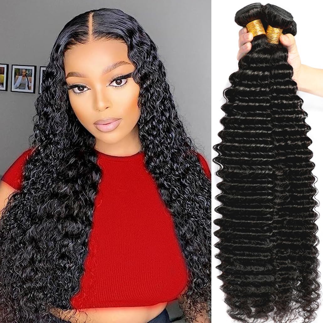 Human Hair Bundles Deep Wave 3 Bundles (14 16 18inches) 12A Grade Brazilian Virgin 100% Unprocessed Human Hair Deep Wavy Bundles Natural Black Raw