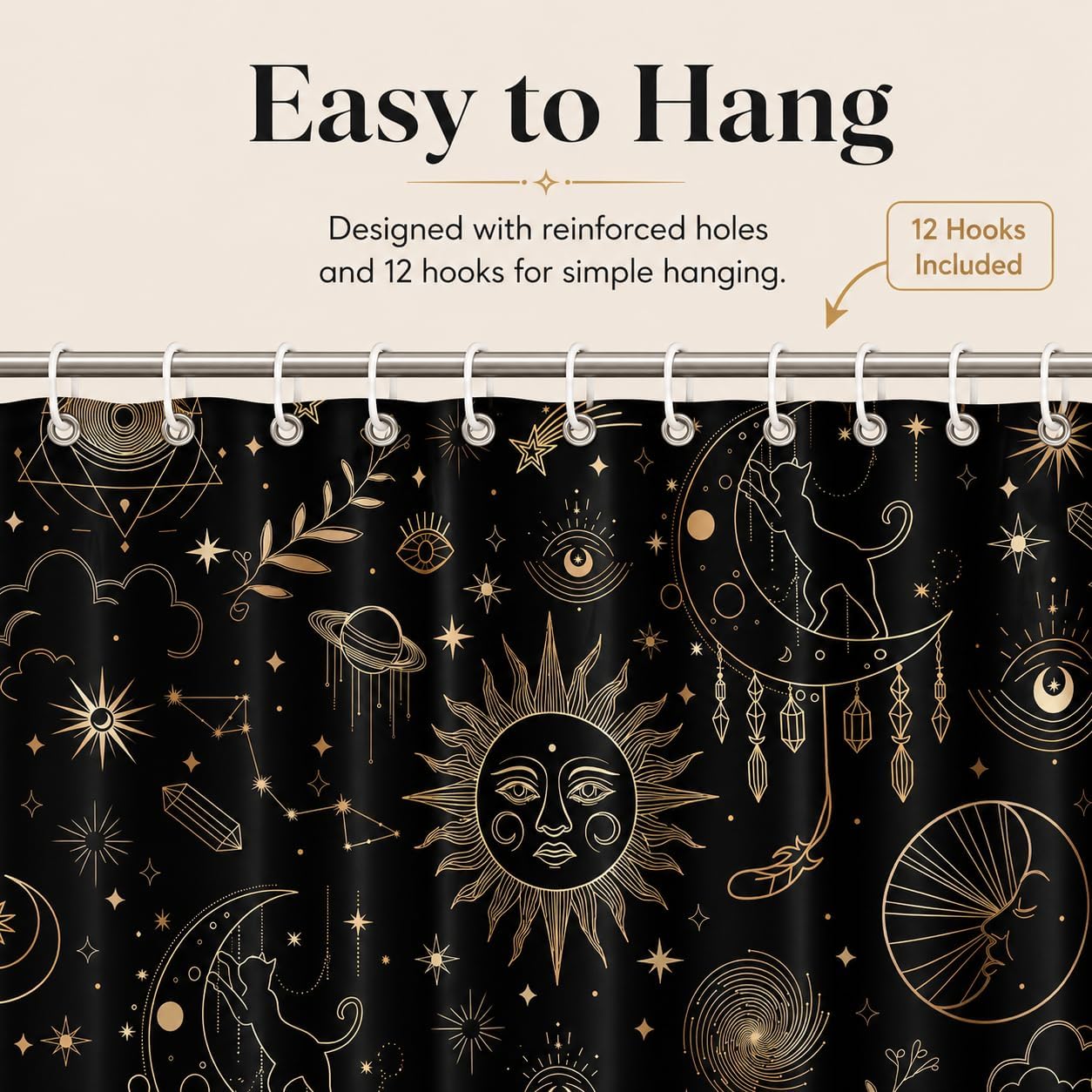 Black and Gold Witchy Shower Curtain, Sun and Moon Phase Stars Cat Celestial Bathroom Decor, Goth Mystical Zodiac Constellation Shower Curtains 72Wx72H with Hooks