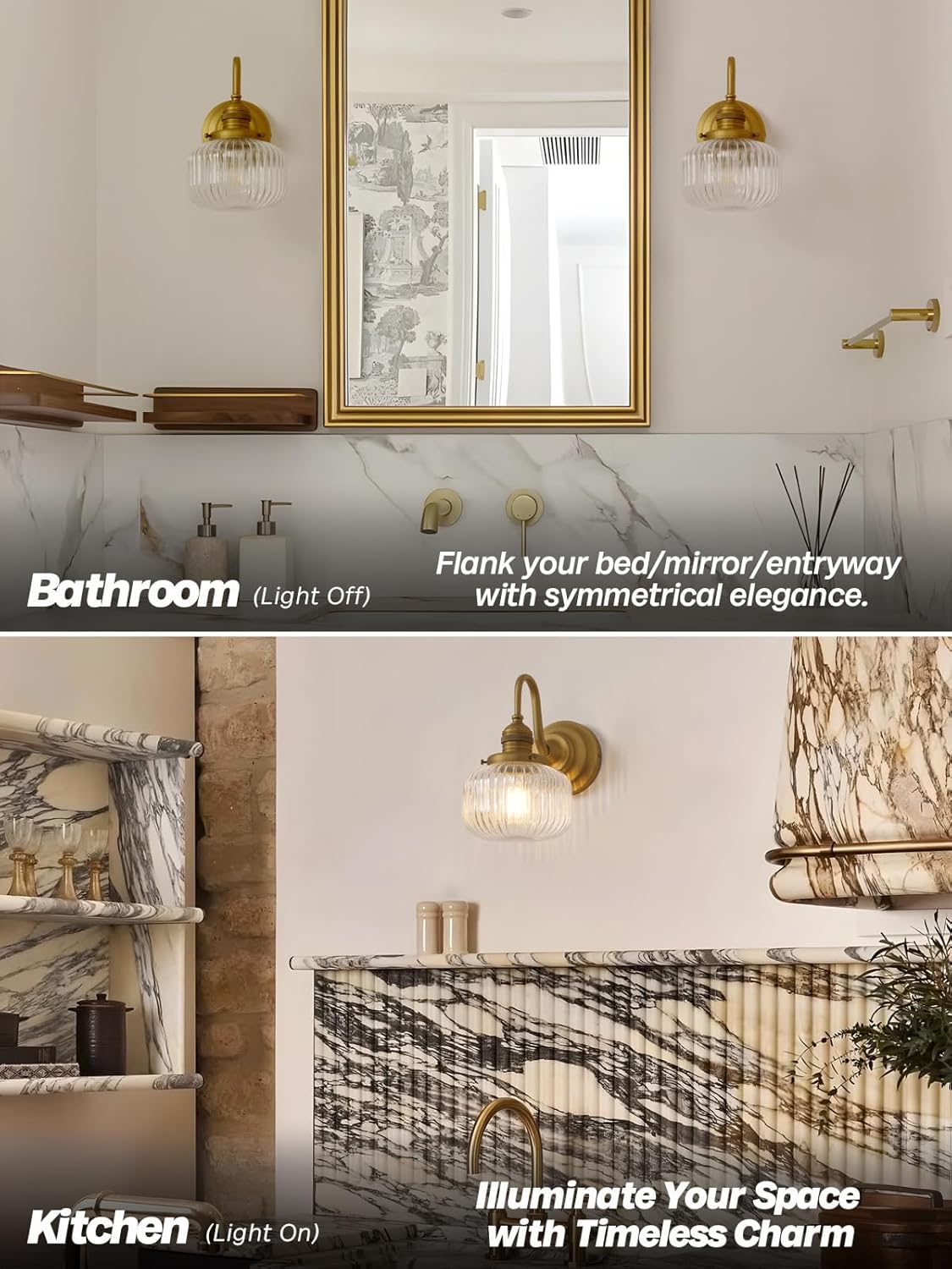 Gold Wall Sconces,Vintage Bathroom Vanity Light with Hand-Blowing Clear Glass Minimalist Hardwire Brass Wall Mounted Lamp for Bathroom Mirror Living Room Bedroom Kitchen E26 Indoor