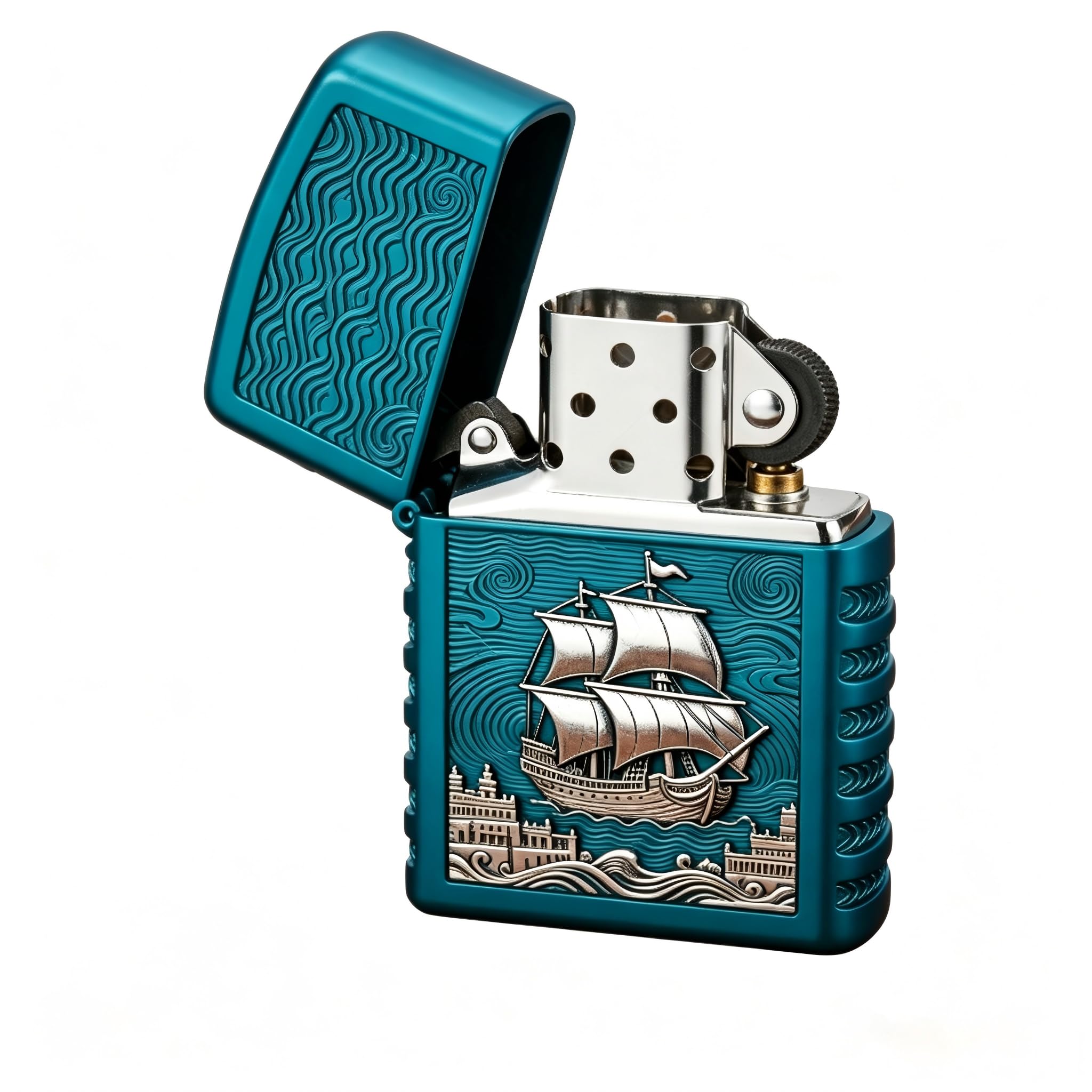 Vintage Horse Sailboat Carving Kerosene Lighter Windproof Open Flame Wheel Grinding Flint Fire Lighter for Outdoor Use (C)