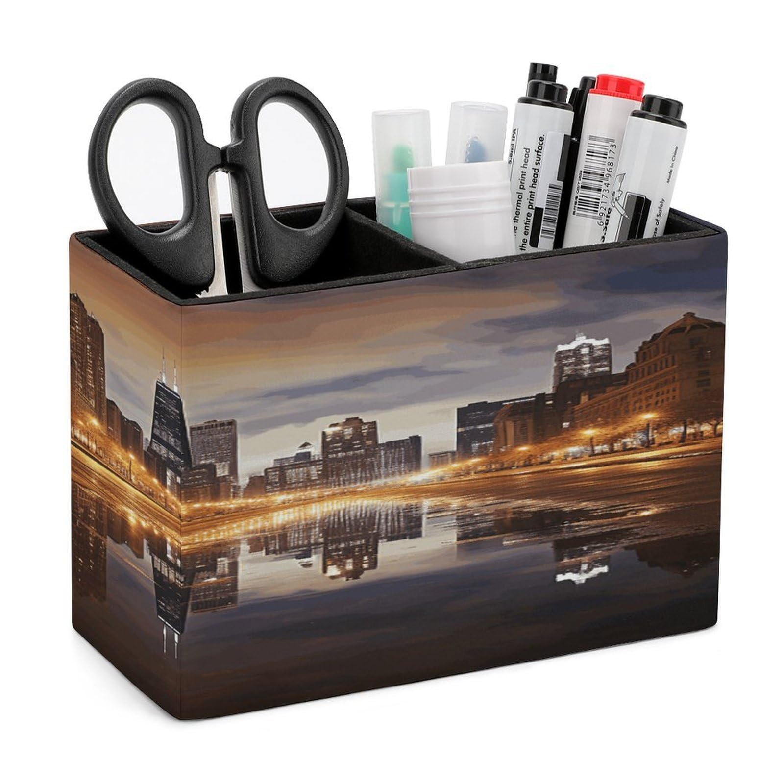 VstaDank Chicago Pen Holder Double Compartments Pen Cup Fashion Makeup Brush Holders Leather Pencil Holder for Work Locker Accessories Modern Pencil Cup for Desk Organizer