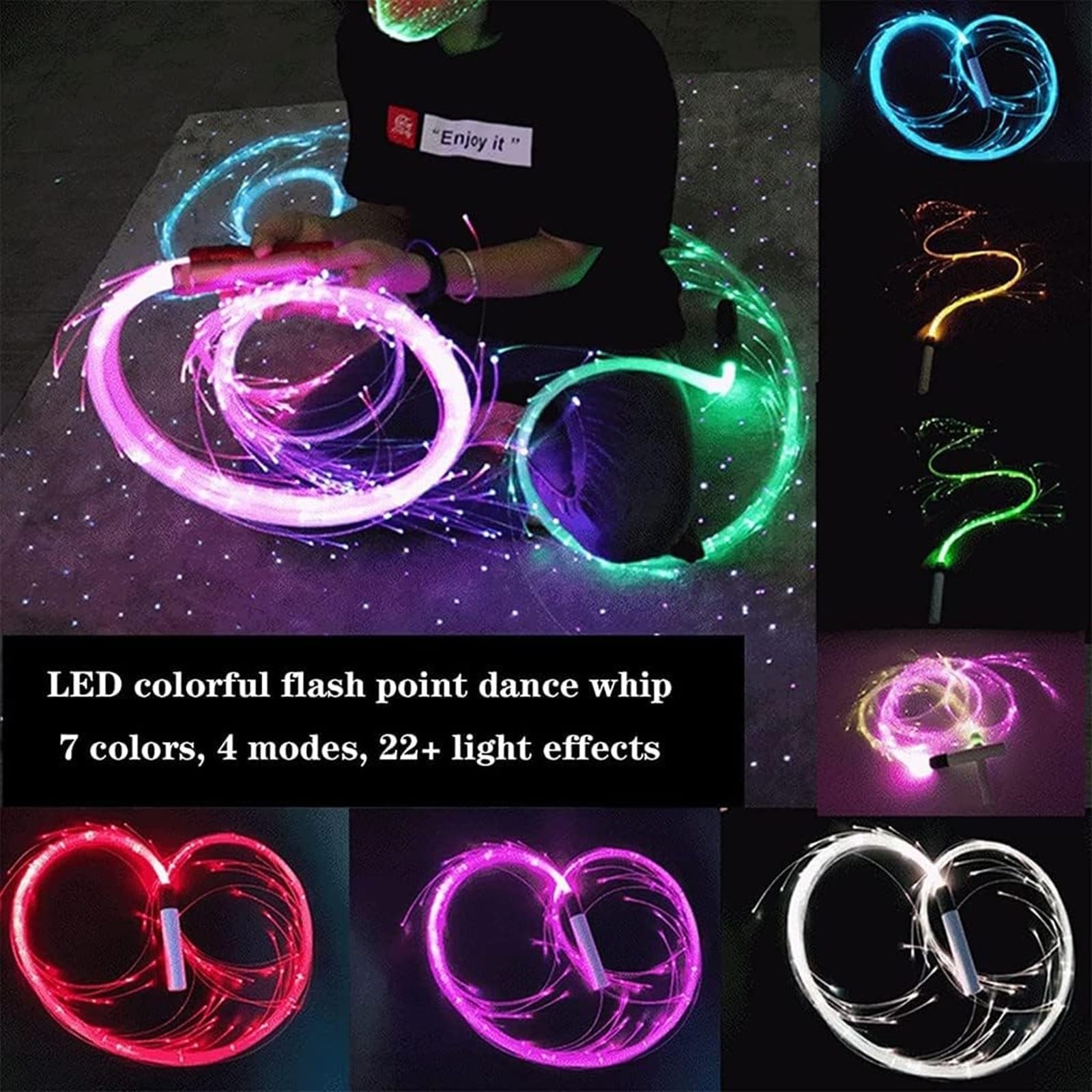 ELzEy Frusta in Fibra Ottica, Flusso di Frusta a LED, Frusta in Fibra Ottica for Feste, 4 modalità Girevole a 360° for Balli, Feste, spettacoli di luci