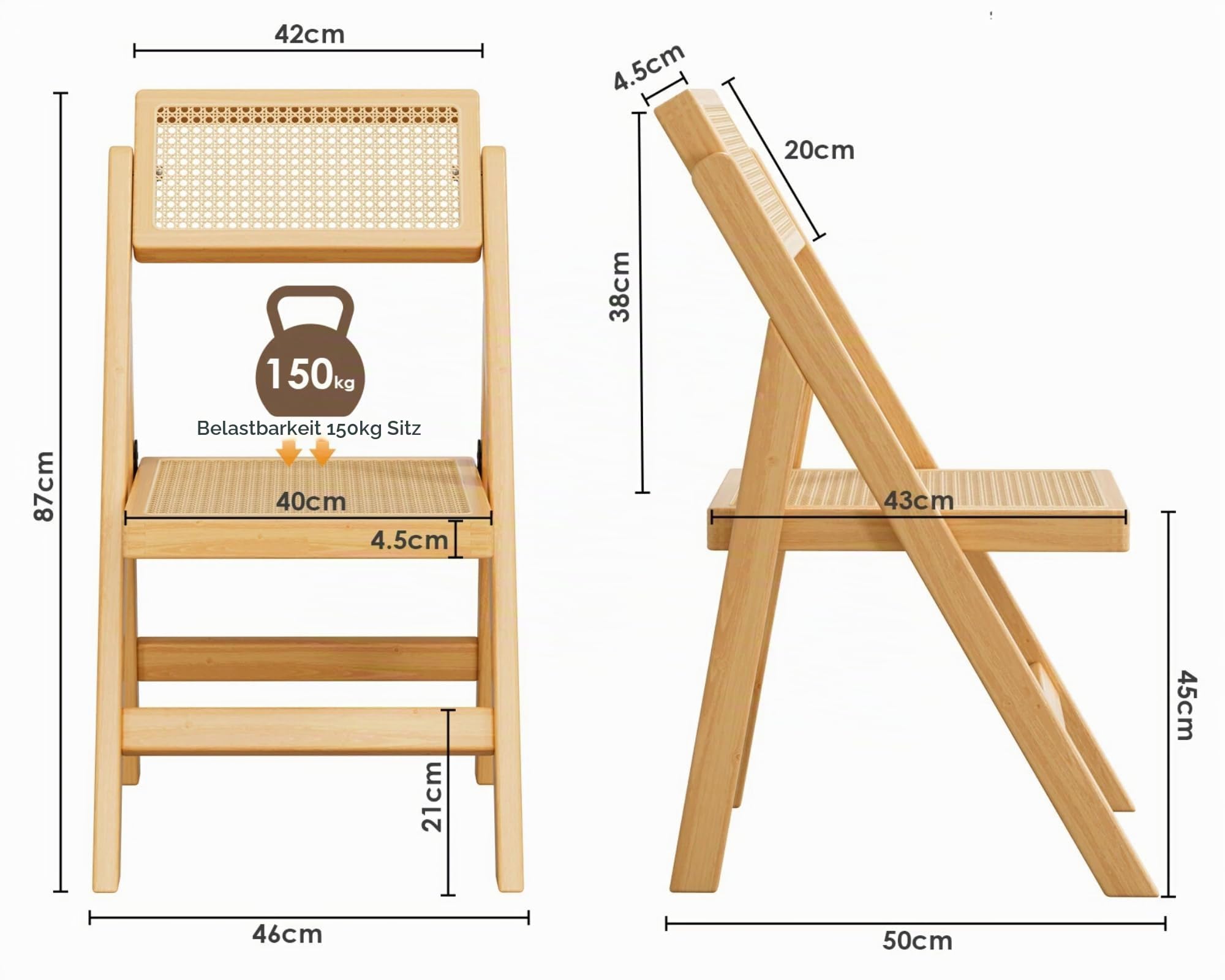 Clevich Klappbarer Esszimmerstuhl aus Kautschukholz mit Wiener Geflecht – Vintage Rattan Stuhl klappbar bis 150kg Belastbarkeit – Platzsparender Küchenstuhl und Balkonstuhl für Ihr Zuhause, 1pc