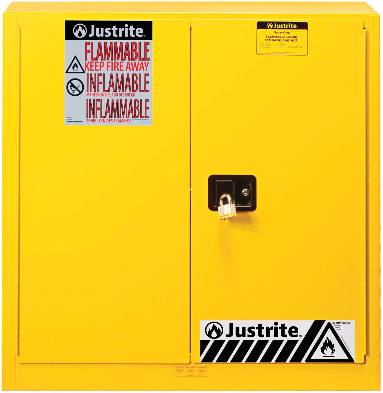 Justrite 40 Gallon Manual Close Paint and Ink Safety Cabinet, 18 Gauge Steel, 3 Shelves, 43" x 44" x 18", 2 Door Combustibles Cabinet, Made in The USA, Yellow, 893010